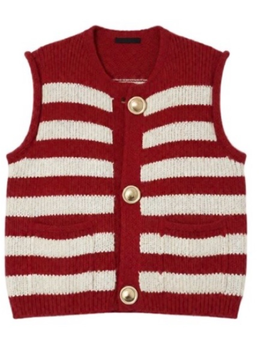 ZARA Red White Striped Chunky Knit Sweater Vest Gold Buttons M